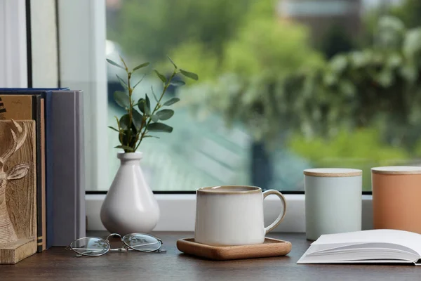 Cup Coffee Books Home Decor Wooden Window Sill — Stok fotoğraf