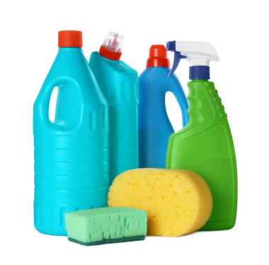 Different cleaning supplies and tools on white background