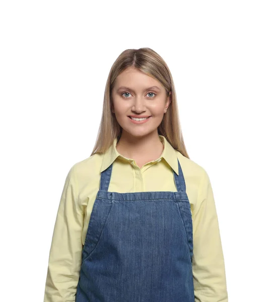 Beautiful Young Woman Denim Apron White Background — Stock Photo, Image