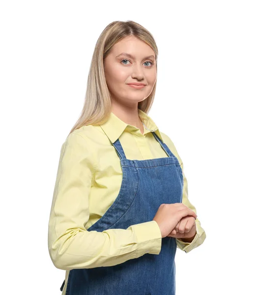 Mooie Jonge Vrouw Denim Schort Witte Achtergrond — Stockfoto