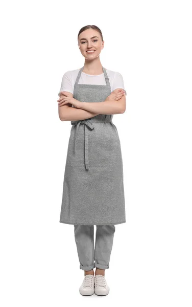 Beautiful Young Woman Clean Apron White Background — Stock Photo, Image