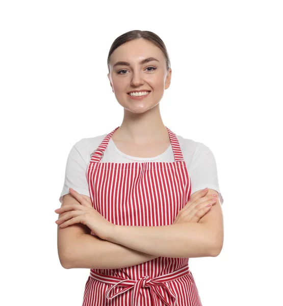 Vacker Ung Kvinna Ren Randig Förkläde Vit Bakgrund — Stockfoto