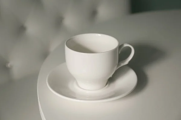 Empty Cup Saucer White Table Closeup — Stock Photo, Image