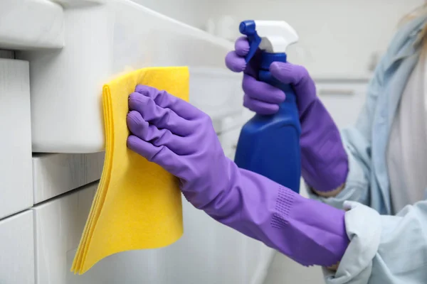 Woman Cleaning White Surface Rag Detergent Indoors Closeup — 스톡 사진
