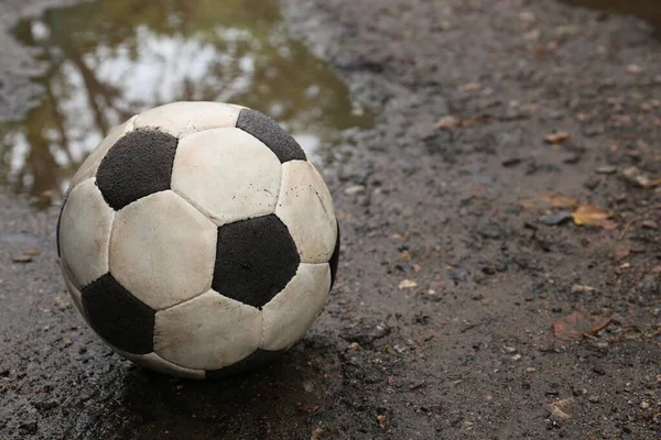 Dirty Soccer Ball Puddle Ground Space Text — Stock Photo, Image