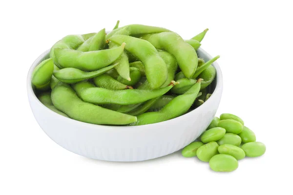 Skål Med Gröna Edamame Kapslar Och Bönor Vit Bakgrund — Stockfoto