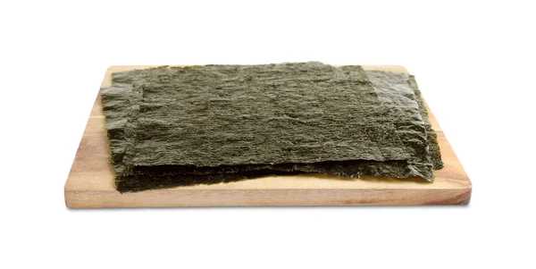 Houten Plank Met Droge Nori Vellen Witte Ondergrond — Stockfoto