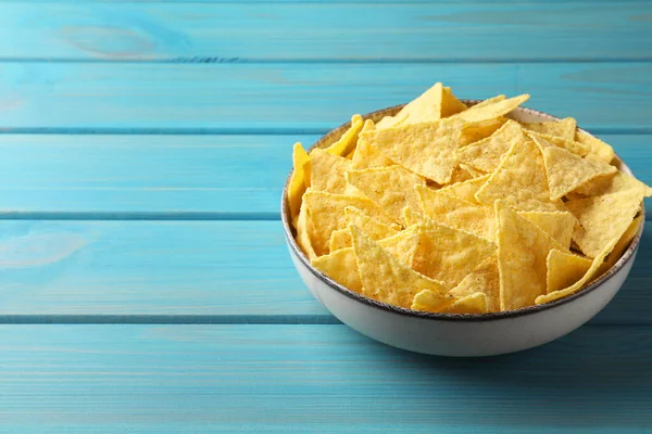 Tortilla Chips Nachos Bowl Light Blue Wooden Table Space Text — Stock Photo, Image