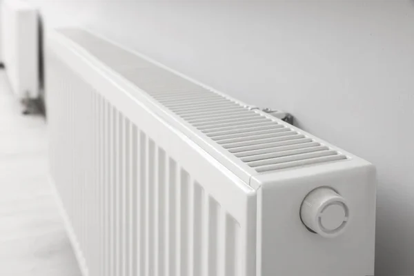 Modern Radiator White Wall Room Closeup Central Heating System — стоковое фото