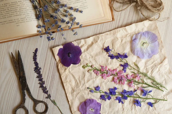 Επίπεδη Σύνθεση Όμορφα Αποξηραμένα Λουλούδια Βιβλίο Και Ψαλίδι Ξύλινο Τραπέζι — Φωτογραφία Αρχείου