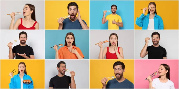 Collage Con Fotos Personas Comiendo Sabroso Sushi Rollos Diferentes Fondos — Foto de Stock