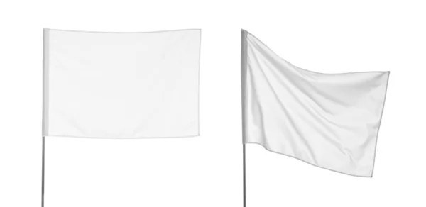 Två Tomma Flaggor Vit Bakgrund Collage Banderolldesign — Stockfoto