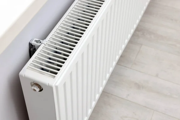 Modern Radiator White Wall Room Closeup Central Heating System — Fotografia de Stock