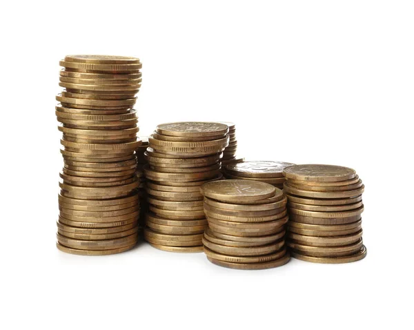 Muchas Monedas Oro Apiladas Sobre Fondo Blanco —  Fotos de Stock