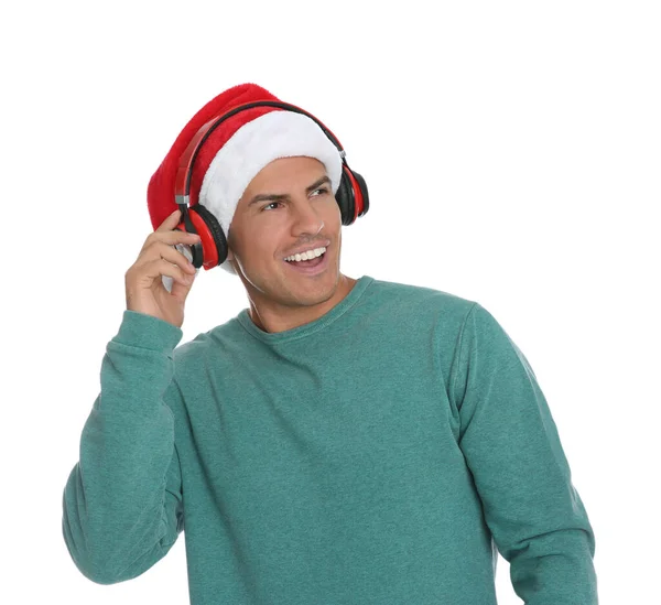 Щасливий Чоловік Навушниками Білому Тлі Різдвяна Музика — стокове фото