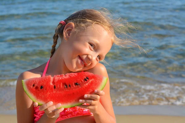 Cute Little Girl Slice Fresh Juicy Watermelon Beach Space Text — Stock Photo, Image