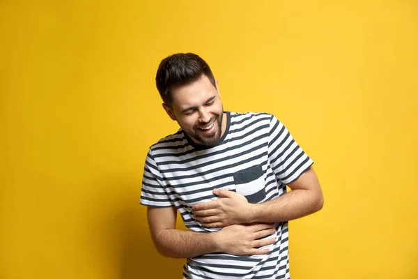 Young Man Laughing Yellow Background Funny Joke — Stock Photo, Image