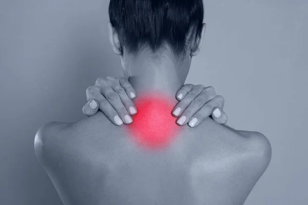 Woman Suffering Neck Pain Grey Background Closeup — Stock Photo, Image