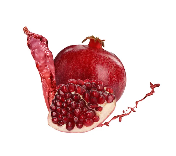 Fresh Ripe Pomegranate Splash Juice White Background — Stock Photo, Image