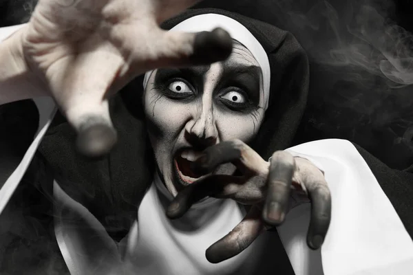 Scary Devilish Nun Frightening Black Background Halloween Party Look — Stock Photo, Image