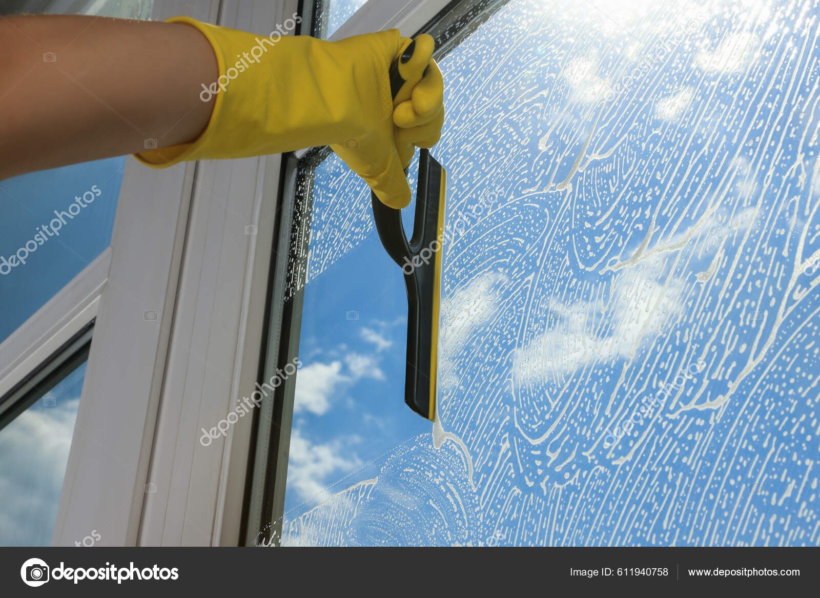 Woman Cleaning Glass Squeegee Indoors Closeup Stock Photo by