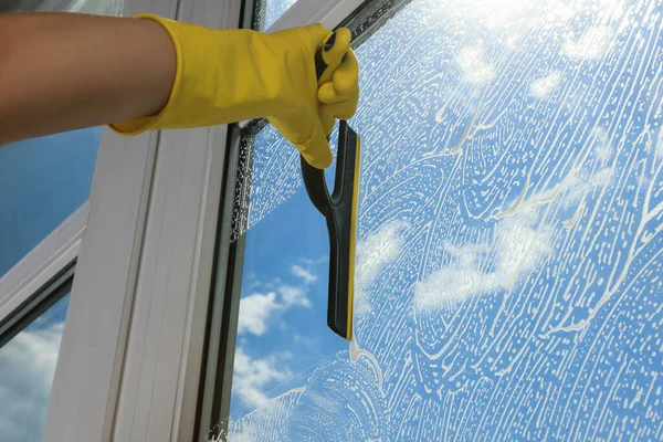 Woman Cleaning Glass Squeegee Indoors Closeup — Photo