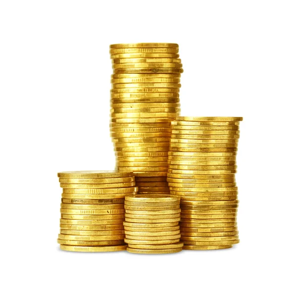 Muitas Moedas Ouro Empilhadas Fundo Branco — Fotografia de Stock