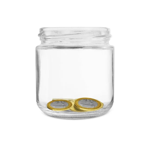 Glass Jar Coins Isolated White — Stock Photo, Image