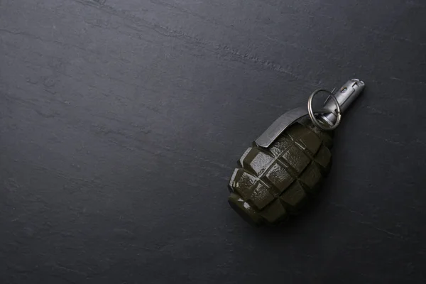 Hand Grenade Black Background Top View Space Text — Stock Fotó