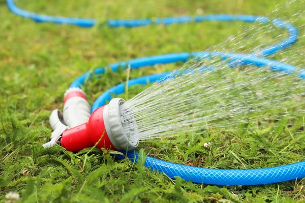 Water Spraying Hose Green Grass Outdoors Closeup — Stockfoto