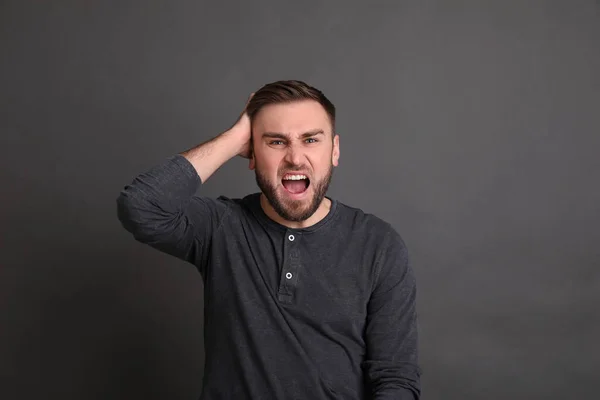 Portrait Emotional Young Man Grey Background Personality Concept — Stock Photo, Image