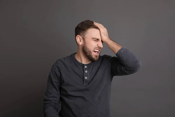 Portrait Emotional Young Man Grey Background Personality Concept — Fotografia de Stock