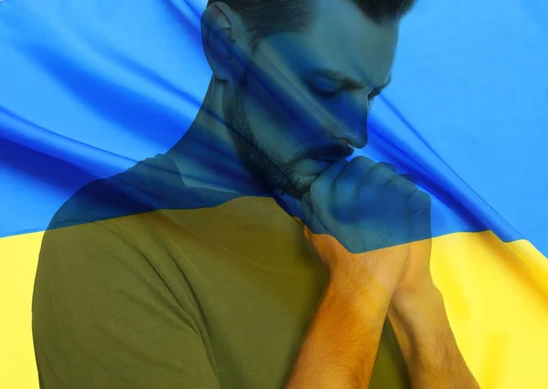 Подвійне Викриття Державного Прапора Молитви Людей Припиніть Війну Україні — стокове фото
