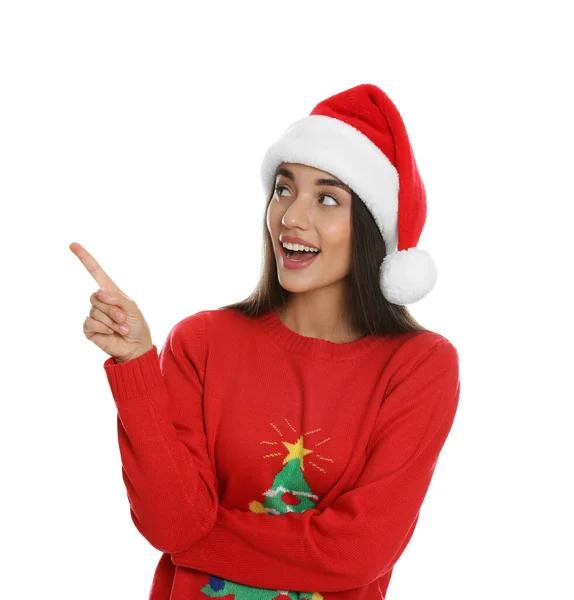 Happy Woman Santa Hat White Background Christmas Countdown — Stockfoto