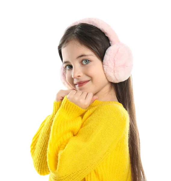 Linda Chica Con Orejeras Elegantes Sobre Fondo Blanco —  Fotos de Stock