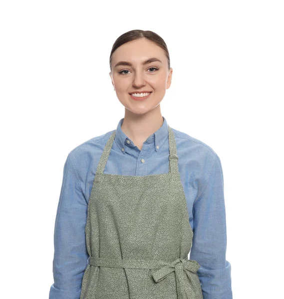 Mooie Jonge Vrouw Schoon Schort Witte Achtergrond — Stockfoto