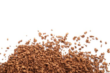 Heap of aromatic instant coffee isolated on white, top view