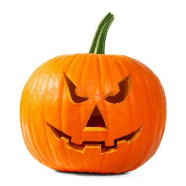 Korkunç balkabağı Jack O 'Lantern beyazda izole edilmiş. Cadılar Bayramı Dekorasyonu