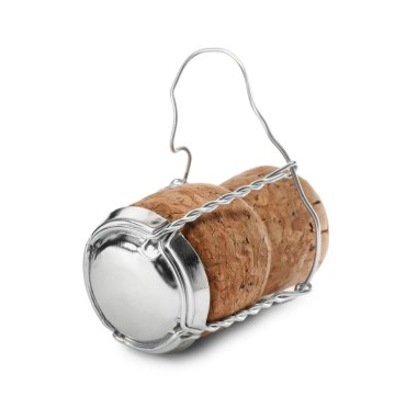 Sparkling wine cork with muselet cap isolated on white