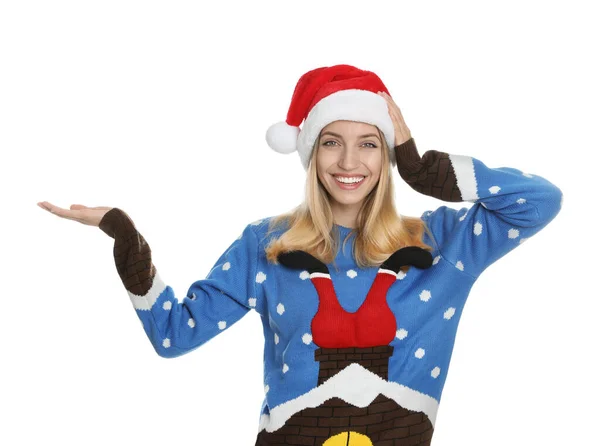 Frau Mit Weihnachtsmütze Auf Weißem Hintergrund Weihnachts Countdown — Stockfoto