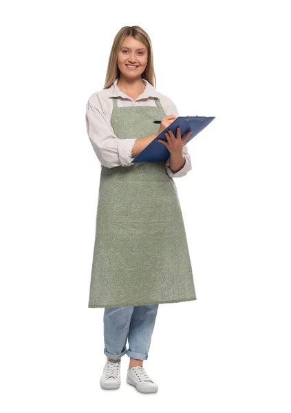 Beautiful Young Woman Clean Apron Clipboard White Background — Stock Photo, Image