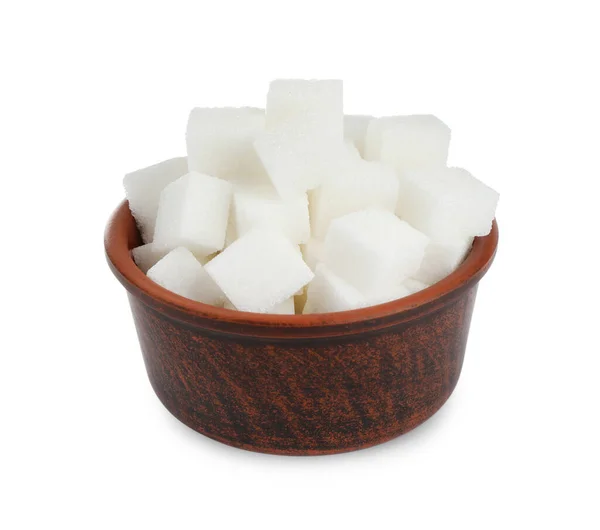 Mísa Kostkami Rafinovaného Cukru Izolovaného Bílém — Stock fotografie