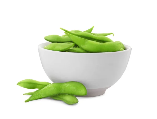 Ciotola Con Baccelli Edamame Verde Sfondo Bianco — Foto Stock