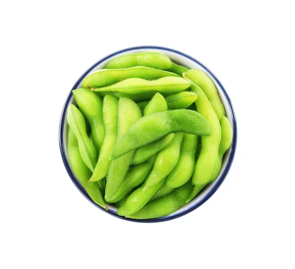 Bowl Green Edamame Pods White Background Top View — Stock Photo, Image