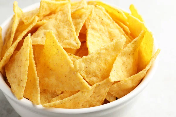 Bowl Tasty Tortilla Chips Nachos Grey Table Closeup — Stock Photo, Image