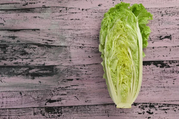 Cut Fresh Ripe Chinese Cabbage Rustic Table Top View Space — Stock Photo, Image
