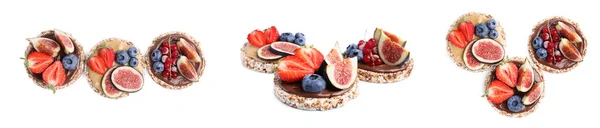 Finom Ropogós Puffasztott Sütemények Különböző Gyümölcsökkel Fehér Háttérrel Bannertervezés — Stock Fotó
