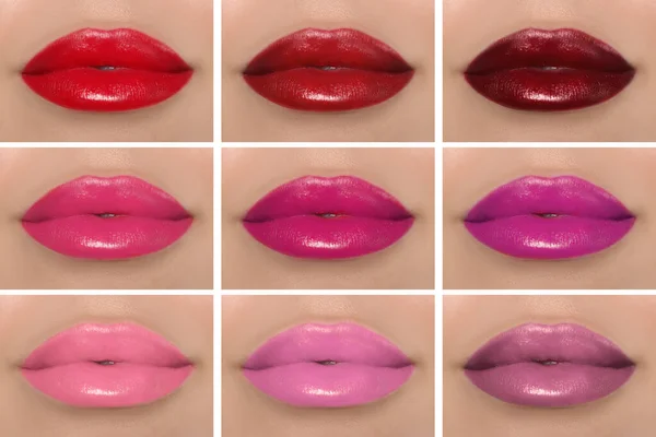 Collage Met Foto Van Vrouw Met Verschillende Mooie Lippenstift Close — Stockfoto