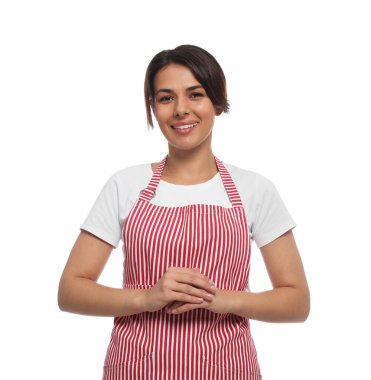 Beyaz arka planda kırmızı çizgili önlüklü genç kadın.