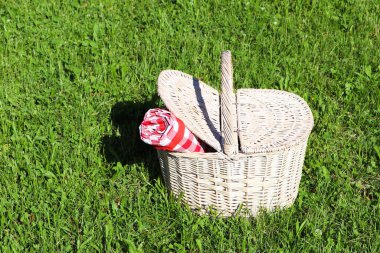 Rolled checkered tablecloth in picnic basket on green grass outdoors, space for text